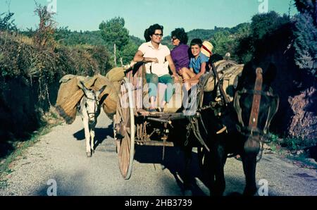 Eine Familie sitzt in Pferdekutsche mit Esel neben in ländlichen Spanien, 1966 Stockfoto