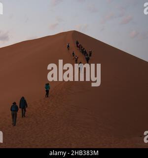 Eine Gruppe von nicht erkennbaren Menschen, die in der Namib-Wüste die Düne 45 hinaufwandern. Von ihrem Rücken aus gesehen. Namibia, Afrika Stockfoto
