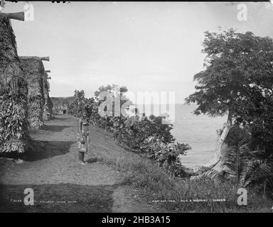 Fijian Village in der Nähe von Suva, Burton Brothers Studio, Fotostudio, 12 July 1884, Neuseeland, Schwarz-Weiß-Fotografie, Fidschi-Frau zentrieren auf Pfad mit Blick auf das Meer, aber Kopf zur Kamera gedreht, Reihe von Bure (fünf) mit Blick auf das offene Meer. Am Ende des Pfades befindet sich ein Bure mit sichtbarem Eintrag. Ein großer Baum ist rechts vorgeround und dann offenes Meer, die Flut ist in. Tropische Vegetation entlang der niedrigen Anhöhe über dem Meer Stockfoto