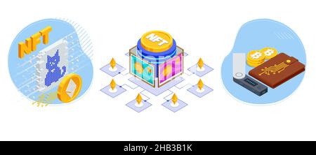 Isometrisches NFT nicht-fungible Token. Virtuelle Kunst und Galerien mit Blockchain-Technologiekonzept. NFT-Kryptographie und Blockchain Stock Vektor