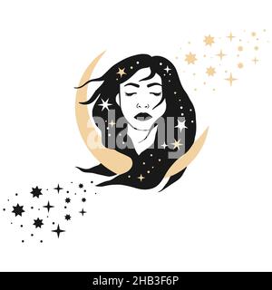 Frau Mond himmlische Astrologie boho esoterische Magie Print - spirituelle Stern Tattoo Stock Vektor