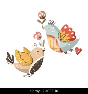 Vögel und Blumen verzieren Cartoon nette Illustration. Natur Liebe Grußkarte. Stock Vektor
