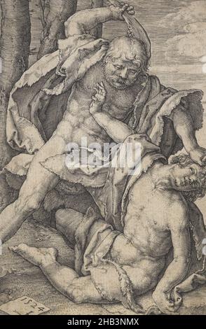 Cain Killing Abel, Lucas van Leyden, Künstler, 1524, Niederlande, Gravur, geboren in Leiden, war Lucas van Leyden der erste niederländische Kupferstecher, der zu Lebzeiten große Anerkennung erbrachte. Er fertigte etwa 200 Drucke an, meist Stiche, aber auch Holzschnitte und einige Radierungen. 1521 lernte er Albrecht Dürer in Antwerpen kennen, als der deutsche Künstler während seines einjährigen Aufenthalts in den Niederlanden das Porträt von van Leyden zeichnete und einen Satz seiner Drucke kaufte. Es ist wahrscheinlich, dass van Leyden gleichzeitig einige Drucke Dürers erwarb, da sein Einfluss in van Leydens Werk Anfang 1520s deutlich wird Stockfoto