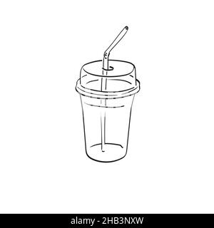 Leere Kunststoff Eisbecher mit Stroh Illustration Vektor von Hand gezeichnet isoliert auf weißem Hintergrund Linie Kunst Stock Vektor