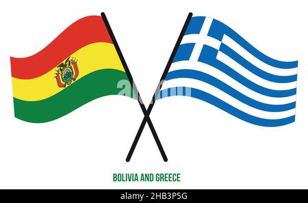 Bolivien und Griechenland Flaggen gekreuzt und winkend Flat Style. Offizieller Anteil. Korrigieren Sie Die Farben. Stock Vektor
