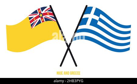 Niue und Griechenland Flaggen gekreuzt und winken Flat Style. Offizieller Anteil. Korrigieren Sie Die Farben. Stock Vektor