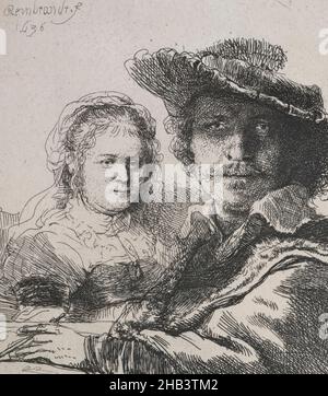 Selbstporträt mit Saskia., Rembrandt van Rijn, Künstler, 1636, Amsterdam, Radierung zu Lebzeiten waren Rembrandts außergewöhnliche Fähigkeiten als Grafiker die Hauptquelle seines internationalen Ruhmes. Im Gegensatz zu seinen Ölgemälden reisten Drucke leicht und waren relativ billig. Stockfoto