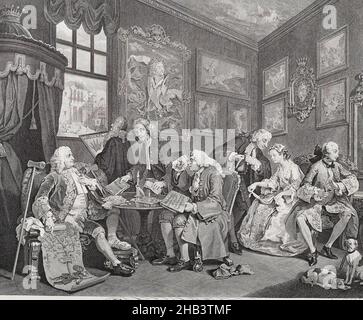 Heirat à-la-Mode. Platte 1. The Marriage Settlement, William Hogarth, Künstler, 1745, Greater London, Gravur, die erste einer Serie von sechs Stichen, basierend auf Gemälden von William Hogarth (1743-45). Die Originalgemälde befinden sich in der National Gallery, London. Hogarth beauftragte drei französische Kupferstecher im Ausland (in diesem Druck Louis Gerard Scotin), da sie die besten Praktiker des Mediums in der Mitte des 18th. Jahrhunderts in London waren. Stockfoto