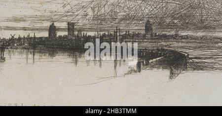 Little Calais Pier., Sir Francis Haden, Künstler, 1865, Radierung, Sir Francis Seymour Haden (1818-1910) war ein Amateur-Grafiker im wahrsten Sinne des Wortes. Als Chirurg von Beruf wählte er die Radierung als Hobby, entwickelte aber bald seine Technik auf ein hohes künstlerisches Niveau. Durch seine Arbeit, seine Reden und seine Aktivitäten in der von ihm gegründeten Royal Society of Painter Etchers trug er dazu bei, das Medium in England, Frankreich und den Vereinigten Staaten zu popularisieren, und er sah seinen Status schließlich in offiziellen Kunstkreisen gesichert Stockfoto