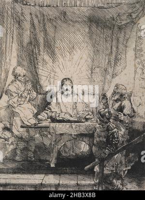 Christus in Emmaus: Die größere Tafel., Rembrandt van Rijn, Künstler, 1654, Niederlande, Radierung zu Lebzeiten waren Rembrandts außergewöhnliche Fähigkeiten als Grafiker die Hauptquelle seines internationalen Ruhmes. Im Gegensatz zu seinen Ölgemälden reisten Drucke leicht und waren relativ billig. Aus diesem Grund wurden sie bald bei Sammlern nicht nur innerhalb, sondern auch über die Grenzen der Niederlande hinaus sehr beliebt, und es erklärt auch, warum sie drei Jahrhunderte später für den Wellington-Sammler und Philanthropen Sir John Ilott erschwinglich waren Stockfoto