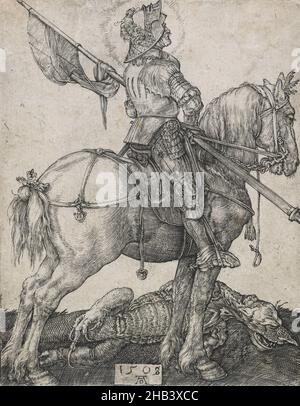 St. Georg zu Pferd. Albrecht Dürer, Künstler, 1508, Deutschland, Gravur, dieser Stich ist das letzte Werk vor Albrecht Dürers plötzlichem Aufbruch auf einer zweiten Reise nach Venedig, um der Großen Pest zu entkommen. Der Druck war wahrscheinlich fast vollständig, da das Datum 1505 bereits in die Platte unten eingraviert war. Es wurde daraufhin korrigiert, um 1508 zu lesen. Der Hintergrund wird aus Gründen des Kontrasts bewusst verkleinert und jegliche Andeutung einer Landschaft entfällt Stockfoto