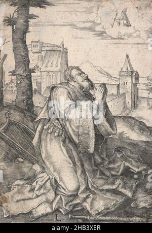 David Praying, Lucas van Leyden, Künstler, um 1507, Niederlande, Gravur, geboren in Leiden, war Lucas van Leyden der erste niederländische Kupferstecher, der zu Lebzeiten große Anerkennung erbrachte. Er fertigte etwa 200 Drucke an, meist Stiche, aber auch Holzschnitte und einige Radierungen. 1521 lernte er Albrecht Dürer während des einjährigen Besuchs des deutschen Künstlers in den Niederlanden kennen, Dürer zeichnete van Leydens Porträts und kaufte eine Reihe seiner Drucke. Es ist wahrscheinlich, dass van Leyden gleichzeitig einige Drucke von Dürer erwarb, da sein Einfluss in van Leydens Werk Anfang 1520s deutlich wird Stockfoto