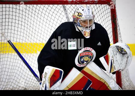 Coral Springs, Usa. 03rd Oktober 2021. Florida Panthers Spieler Nr. 31 Christopher Gibson in Aktion gesehen während der morgendlichen Trainingseinheit für die NHL reguläre Saison 2021-2022. Kredit: SOPA Images Limited/Alamy Live Nachrichten Stockfoto