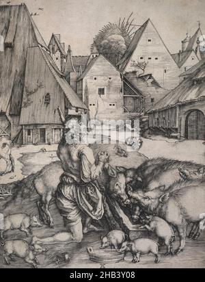 Der verlorene Sohn. Albrecht Dürer, Künstler, um 1496, Deutschland, Der verlorene Sohn, der demütig zu seinem Vater zurückkehrte, war eine Personifizierung des Sünders, der in die Gemeinschaft der christlichen Gläubigen zurückkehrte. Albrecht Dürer hat sich entschieden, den Moment darzustellen, in dem der Sohn, der als Schweinehirt arbeitet, seine Sünden erkennt und sich entschließt, sich zu reütigen, indem er seine Knie unter dem Dreck des Bauernhofs niederlegt: Und als er zu sich selbst kam, sprach er: Wie viele Tagelöhner meines Vaters haben Brot genug und zu schonen, und ich komme vor Hunger um! Ich werde aufstehen und zu meinem Vater gehen Stockfoto