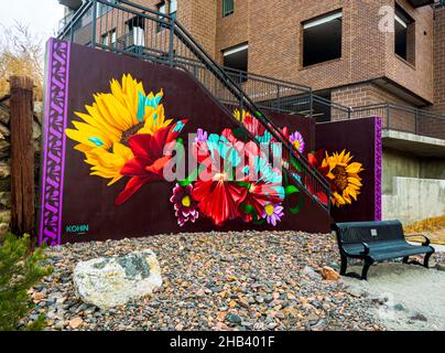 Bunte Blumen von Wandgemälden im Freien, die vom Künstler Dan Toro auf einer Treppe in der Nähe des Parkplatzes am River Walk in der Innenstadt von Castle Rock Colorado USA geschaffen wurden. Stockfoto