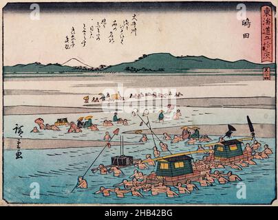 Tōkaidō gojo santsugi. Shimada. Platte Nr. 24. Aus der Serie: 53 Stationen der Tokaido Road., Utagawa Hiroshige, Künstler, 1837-1839, Japan, Der Holzschnitt, Utagawa (Andō) Hiroshige (1797-1858), war ein renommierter Maler und Grafiker, der von den alten Autoritäten noch immer als der letzte der großen japanischen Druckmeister bezeichnet wird und seine brillanten Zeitgenossen Kuniyoshi und Kunisada, von den späteren Künstlern, insbesondere Yoshitoshi, sicherlich kurzändert. Als Sohn eines Beamten der Feuerwehr war er Schüler von Utagawa Toyohiro und studierte auch bei Okajima Rinsai und Ooka Umpo. Stockfoto