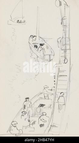 Zwei Segelboote segeln vor dem Schiff. Blatt 54 rückseitig aus einem Skizzenbuch mit 73 Blättern, Figuren auf dem Deck eines Schiffes, Cornelis Vreedenburgh, c. 1935 - c. 1936 Stockfoto