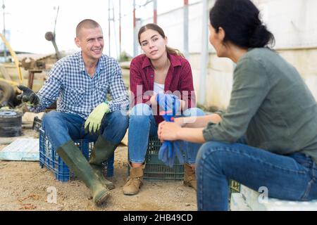 Drei Arbeiter sprechen Stockfoto