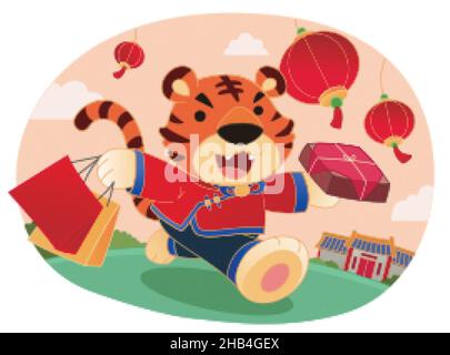 Niedlicher Tiger in traditioneller chinesischer Tracht, der im Freien läuft, mit Geschenken und Einkaufstaschen und Laternen, die am Himmel fliegen. Flaches Illustrationsdesign, c Stock Vektor