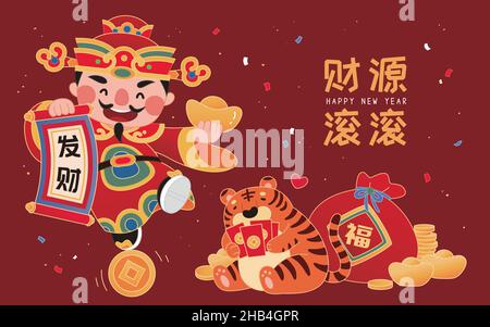 Chinesisches Neujahrsposter-Design mit gott des Reichtums auf einer Goldmünze und Tiger mit roten Kuverten, die mit einer Glückstasche sitzen. Flache Abbildung. Stock Vektor