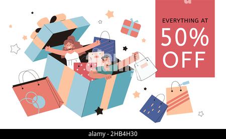 Große Rabatt Verkauf Banner in flachen Stil Illustration. Junge und Mädchen kommen aus einer großen Geschenkbox mit Einkaufstaschen, die herumschweben Stock Vektor
