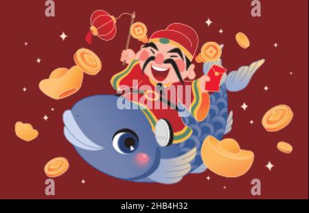 Niedlicher Cartoon-Gott des Reichtums, der eine chinesische Laterne hält und auf einem großen blauen Fisch mit Goldbarren und Münzen reitet, die vorbeifliegen. Flache Illustration. Stock Vektor