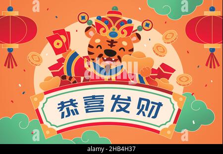 Niedlicher Tiger in traditioneller chinesischer Tracht mit Goldbarren und roten Umschlägen mit Grußrolle. Flache Illustration. Übersetzung: Mögen Sie es sein Stock Vektor