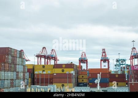 13. Dezember 2021. Im Hafen von Los Angeles in Südkalifornien werden die Container hoch gestapelt. Stockfoto