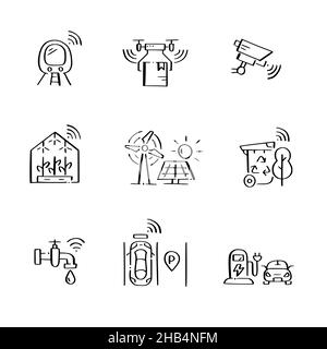 Smart City-Symbole eingestellt. CCTV, Drohnenlieferung, intelligentes Parken und Verkehrsmanagement, nachhaltige Energiequellen. Doodle-Stil Stock Vektor
