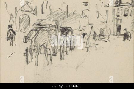 Blick auf den Dam-Platz, von der Kalverstraat aus gesehen, mit der Nieuwe Kerk, einer Pferdekutsche und Figuren. Seite 11 und Seite 12 aus einem Skizzenbuch mit 43 Seiten aus Amsterdam, Blick auf den Dam-Platz mit der Nieuwe Kerk., Zeichner: George Hendrik Breitner, Amsterdam, c. 1914 - 1923, George Hendrik Breitner, c. 1914 - 1923 Stockfoto