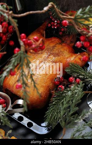 Ente in Teriyaki-Sauce mit Äpfeln und Wein Stockfoto