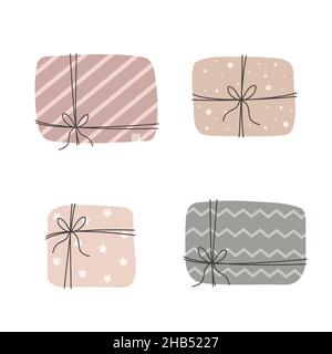 Set Öko Geschenkbox. Isoliert auf weißem Hintergrund. Sammlung von natürlichen Handwerk Papier Paket in Pastellfarben. Vektorgrafik im flachen Stil. Speichern Stock Vektor