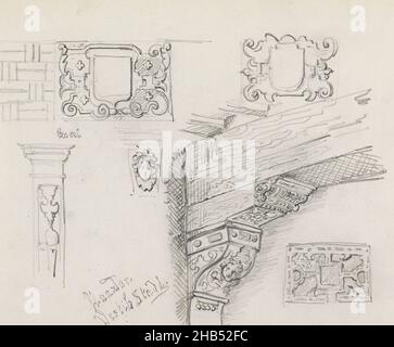 Unter anderem ein Kirchenfenster, Details der Fassadenarchitektur und eine Konsole. Blatt 17 Recto aus einem Skizzenbuch mit 58 Blättern, Architekturstudien, Isaac Goschalk, 1862 - 1867 Stockfoto