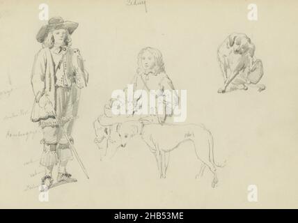 Hinterließ einen stehenden Jungen. Neben ihm ein sitzender Junge mit einem Hut auf dem Schoß. Mit ihm ein Hund. Oben rechts noch ein Hund. Blatt 38 aus einem Skizzenbuch mit 91 Blättern, zwei Jungen und zwei Hunde., Zeichner: Cornelis Springer, Niederlande, c. 1846 - c. 1882, nach unbekannt, c. 1846 - c. 1882 Stockfoto
