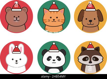 Icon Set von verschiedenen Tieren trägt einen Weihnachtsmann Hut glücklich. Vektordarstellung isoliert auf weißem Hintergrund. Stock Vektor