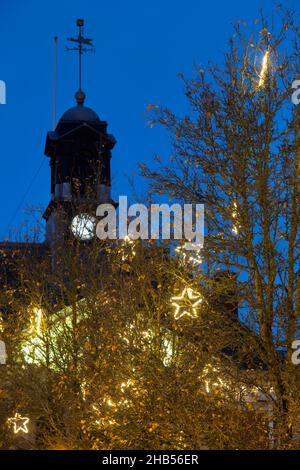 Weihnachtssterne Lichtdekorationen in Bäumen in der Nacht. Henley-on-Thames, Oxfordshire, England Stockfoto