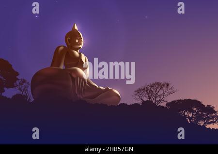 Buddhismus Vektor-Illustration einer buddha-Statue in sitzender Position auf dem Gipfel des Berges mit dem schönen Sonnenlicht leuchtet von der Rig Stock Vektor