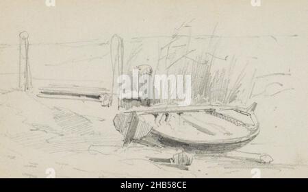 Am Rande des Wassers liegt ein Ruderboot auf trockenem Land. Blatt 42 rückseitig aus einem Skizzenbuch mit 44 Blättern, Ruderboot auf trockenem Land., Cornelis Springer, c. 1860 - c. 1866 Stockfoto