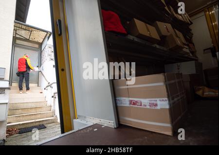 Ober Ramstadt, Deutschland. 15th Dez 2021. Ein DHL-Mitarbeiter liefert ein Paket aus, während sich noch andere Pakete in seinem Van befinden. Quelle: Sebastian Gollnow/dpa/Alamy Live News Stockfoto