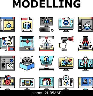 3D Modellierungssoftware und Gerätesymbole setzen Vektor Stock Vektor