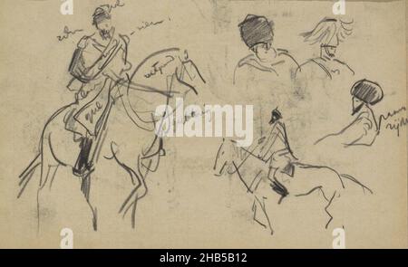 Das Militär ist Teil der Prozession zur Krönung des Zaren Nikolaus II. Auch zwei Studien von Köpfen mit Kopfbedeckung. Seite 66 aus einem Skizzenbuch mit 50 Seiten, Militär zu Pferd, Zeichner: Marius Bauer, Moskou, 1896, Marius Bauer, 1896 Stockfoto