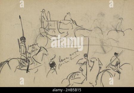 Die Kutsche und die Soldaten sind Teil der Prozession zur Krönung des Zaren Nikolaus II. Seite 65 aus einem Skizzenbuch mit 50 Seiten, Parade mit Kutsche und Soldaten zu Pferd, Zeichner: Marius Bauer, Moskou, 1896, Marius Bauer, 1896 Stockfoto