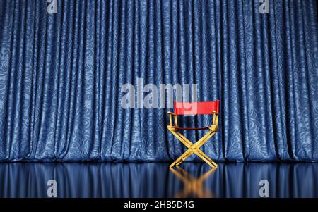 3D Illustration rot kleiner Regiestuhl auf der Bühne vor blauem Vorhang. Filmkonzept. 3D Szene Stockfoto