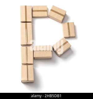 Buchstabe P. Alphabet aus Pappkartons zur Lieferung isoliert auf weißem Hintergrund. Stockfoto
