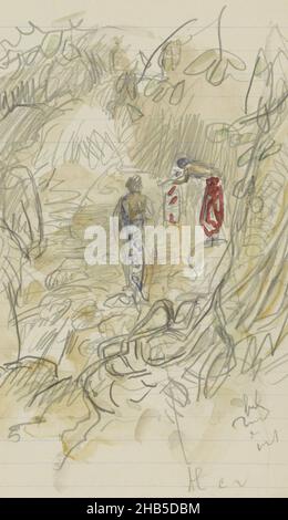Seite 9 aus einem Skizzenbuch mit 74 Blättern, Figuren, die im Fluss Wäsche waschen, Zeichner: Marius Bauer, Java, 1931, Pinsel, Marius Bauer, 1931 Stockfoto