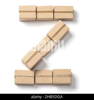 Buchstabe z. Alphabet aus Pappkartons zur Lieferung isoliert auf weißem Hintergrund. Stockfoto