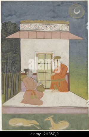 Kedara raga, Mann und Frau sitzen vor einem kleinen Gebäude, Kedara Ragini, Kedararagini. Ein Mann und ein Asket mit Vina sitzen vor einem kleinen Gebäude. (AK-Titel), Verfasser: Anonym, Indien, 1775 - 1800, Papier, Deckfarbe, Stift, Pinsel, Höhe 155 mm × Breite 104 mm Stockfoto