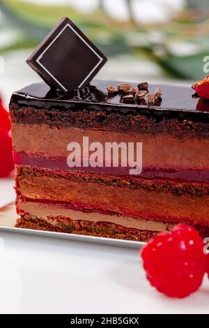 Nahaufnahme der Kuchenscheibe mit Schokoladenkuchen, luftiger Mousse und Himbeer-Confit Stockfoto