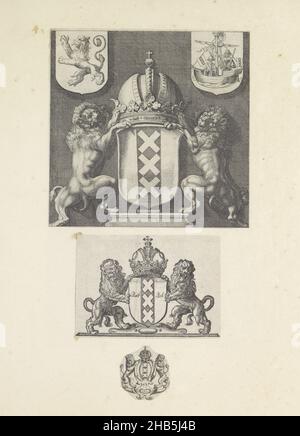 Dreimal das Wappen von Amsterdam, drei Darstellungen auf einer Albumseite. Die Drucke sind Teil eines Albums., Druckerei: Anonym, 1600 - 1699 und/oder 1648, Papier, Gravur, Höhe 383 mm × Breite 310 mm Stockfoto