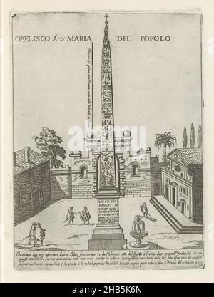 Der ägyptische Obelisk von Ramses II. Auf der Piazza del Popolo in Rom, Obelisco a S. Maria del Popolo (Titel auf Objekt), moderne und antike Denkmäler und Strukturen in Rom (Serientitel), Ornamenti di fabriche antiki et moderni dell' alma Citta di Roma (Serientitel), Text in italienischer Sprache am unteren Rand. Der Druck ist Teil eines Albums., Druckerei: Giovanni Maggi, Zeichner: Giovanni Maggi, Druckerei: Rom, Zeichner: Rom, Verleger: Italien, Vaticaanstad, Italien, Rom, 1576 - 1618 und/oder 1600, Papier, Radierung, Höhe 212 mm × Breite 155 mm Stockfoto